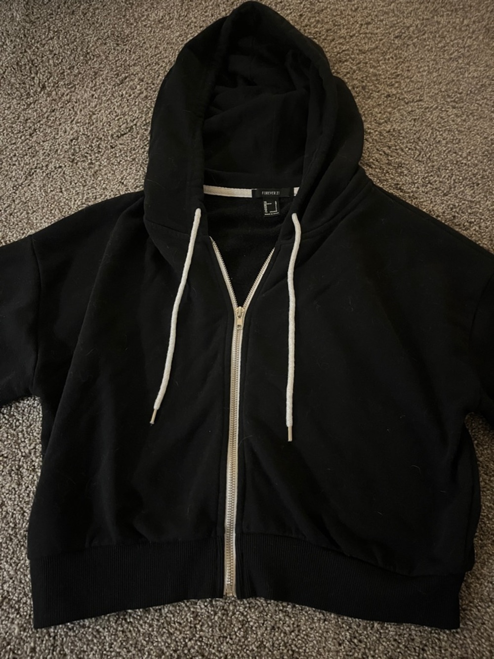Forever 21 Black Zip-Up Hoodie with White Drawstrings